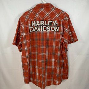 Harley Davidson Orange Plaid Button Down Shirt Short Sleeve Linen Cotton Mens XL